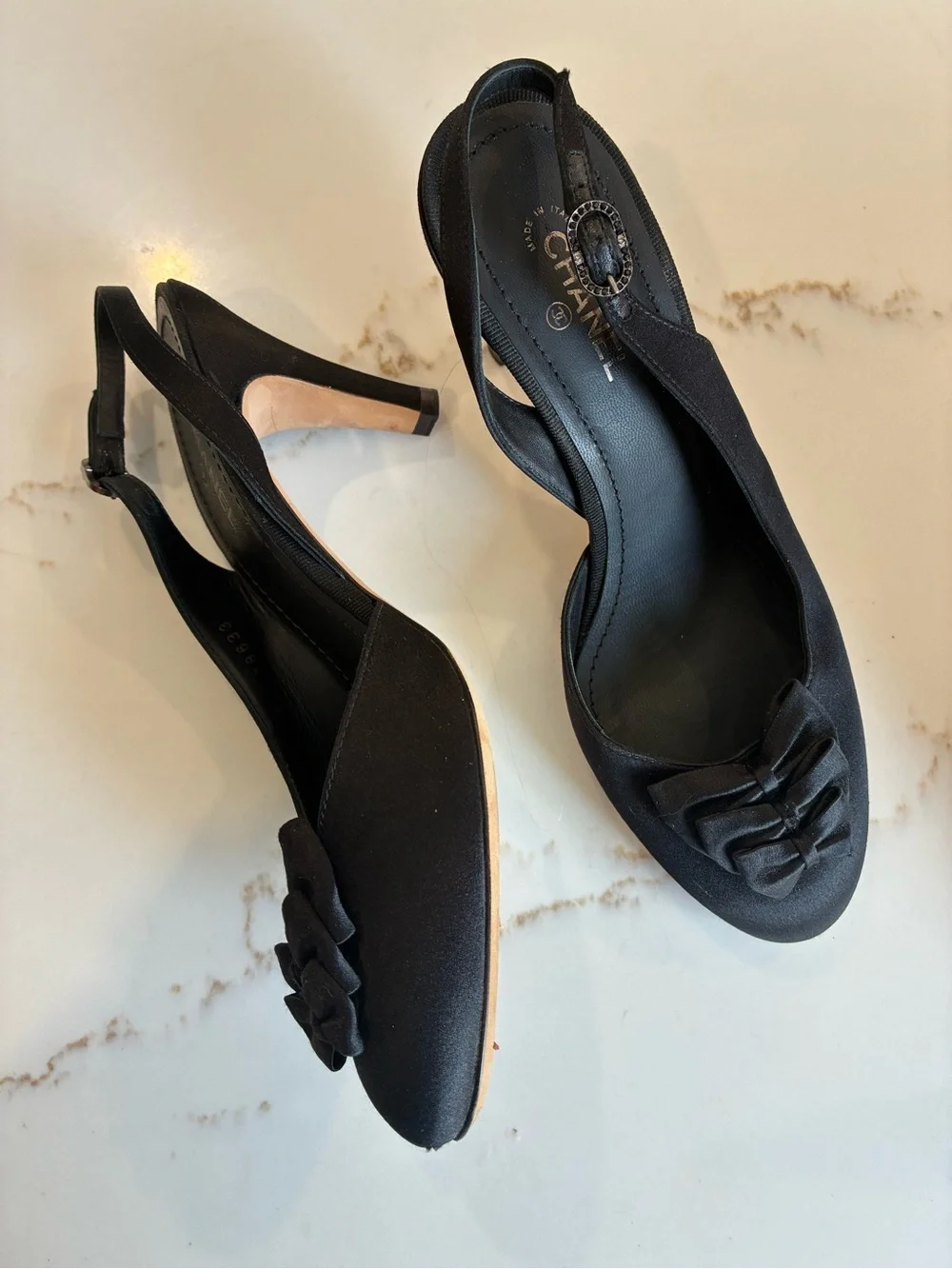 CHANEL Black Satin Slingback Pumps with Bow Accent